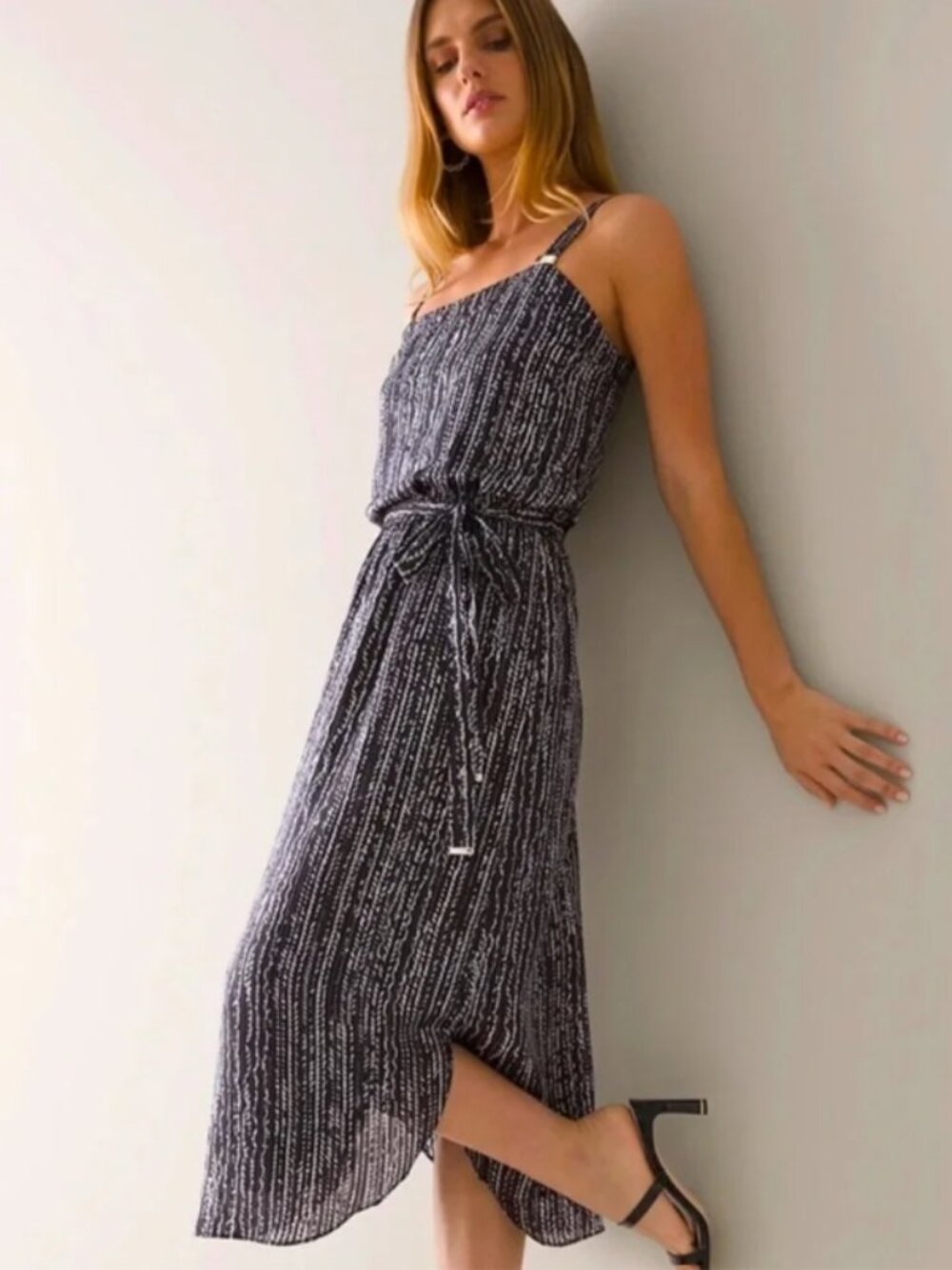WHBM Lurex Tank Midi Dress XL Black Linear Graphic NWT $180 Flowy Gold